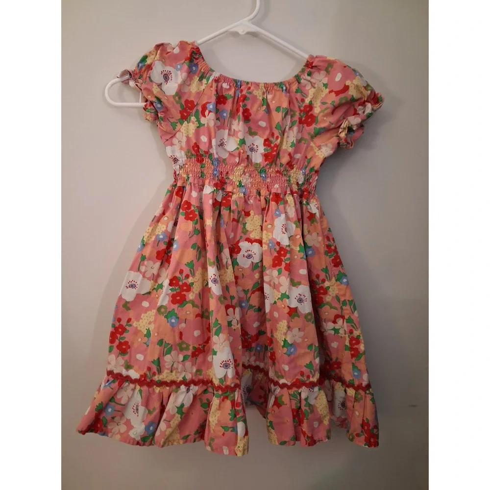 Matilda Jane Girls Pink Floral Smocked Waist Ric-Rac Ruffle Dress Size 6